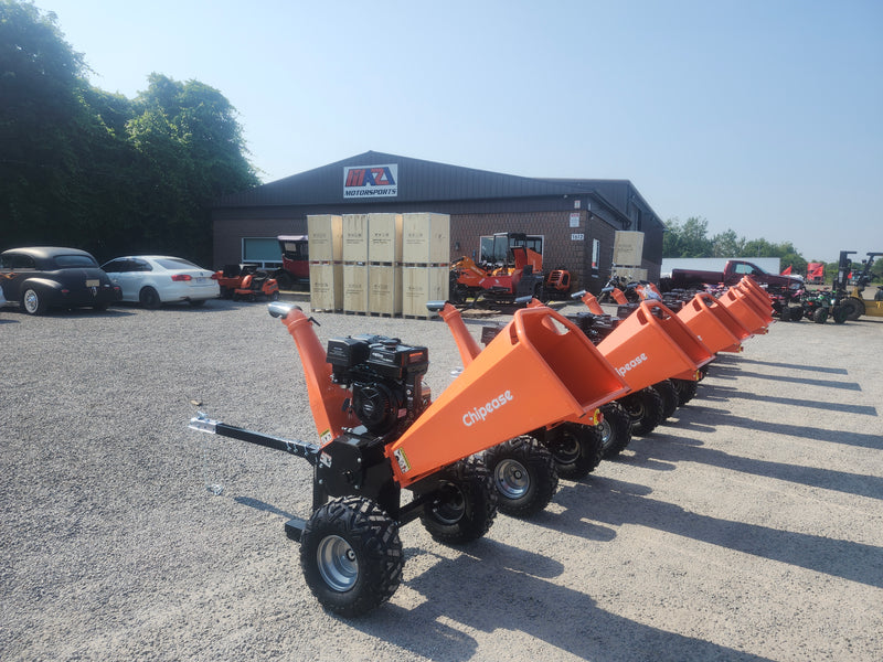 Line up of Chipease D1500E wood chippers in stock at Mazi Motors Ontario dealership