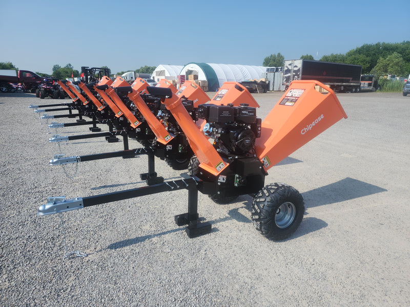 Multiple Chipease D1500E wood chippers with tow bars and all-terrain wheels in stock