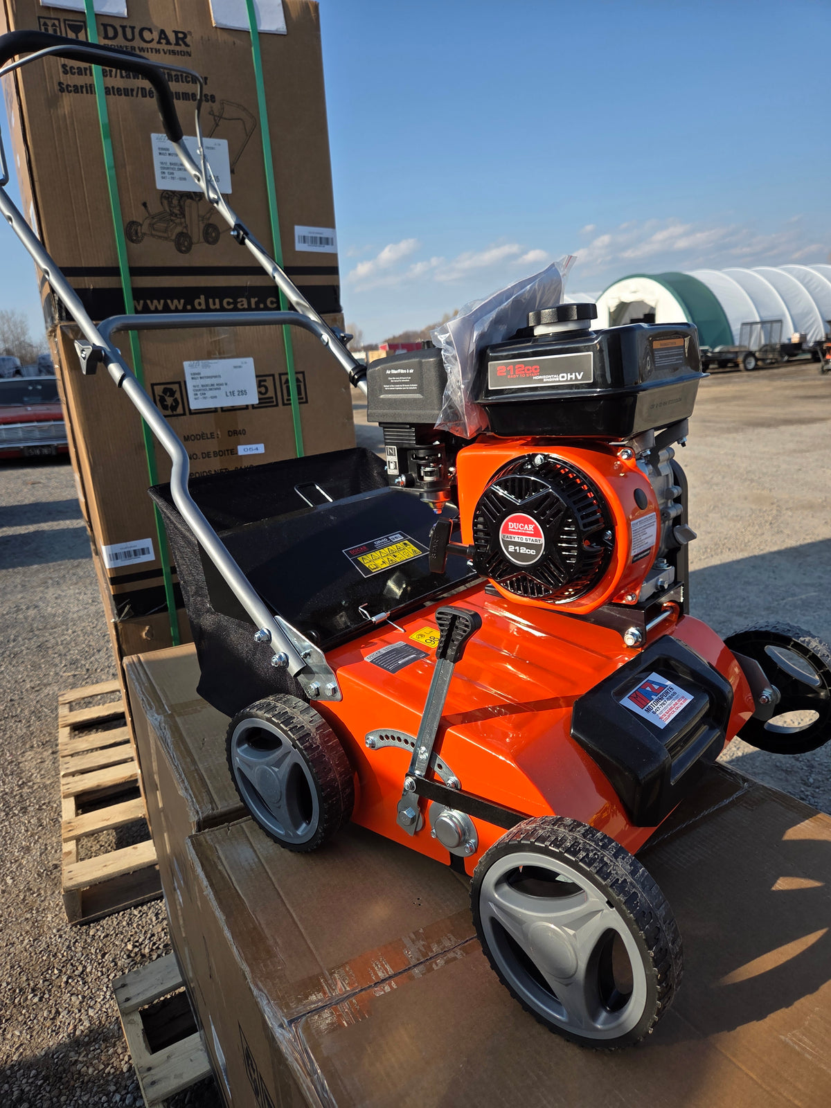 16 inch gas lawn dethatcher with 212cc OHV engine, collection bagger, and depth adjustment lever
