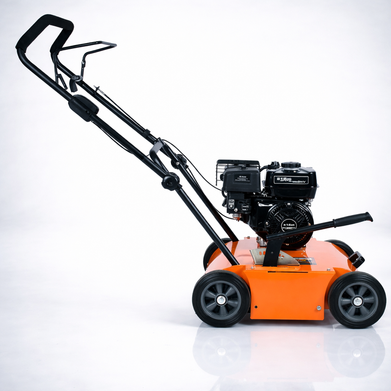18 inch gas lawn dethatcher side view showing 212cc engine and 4-wheel base