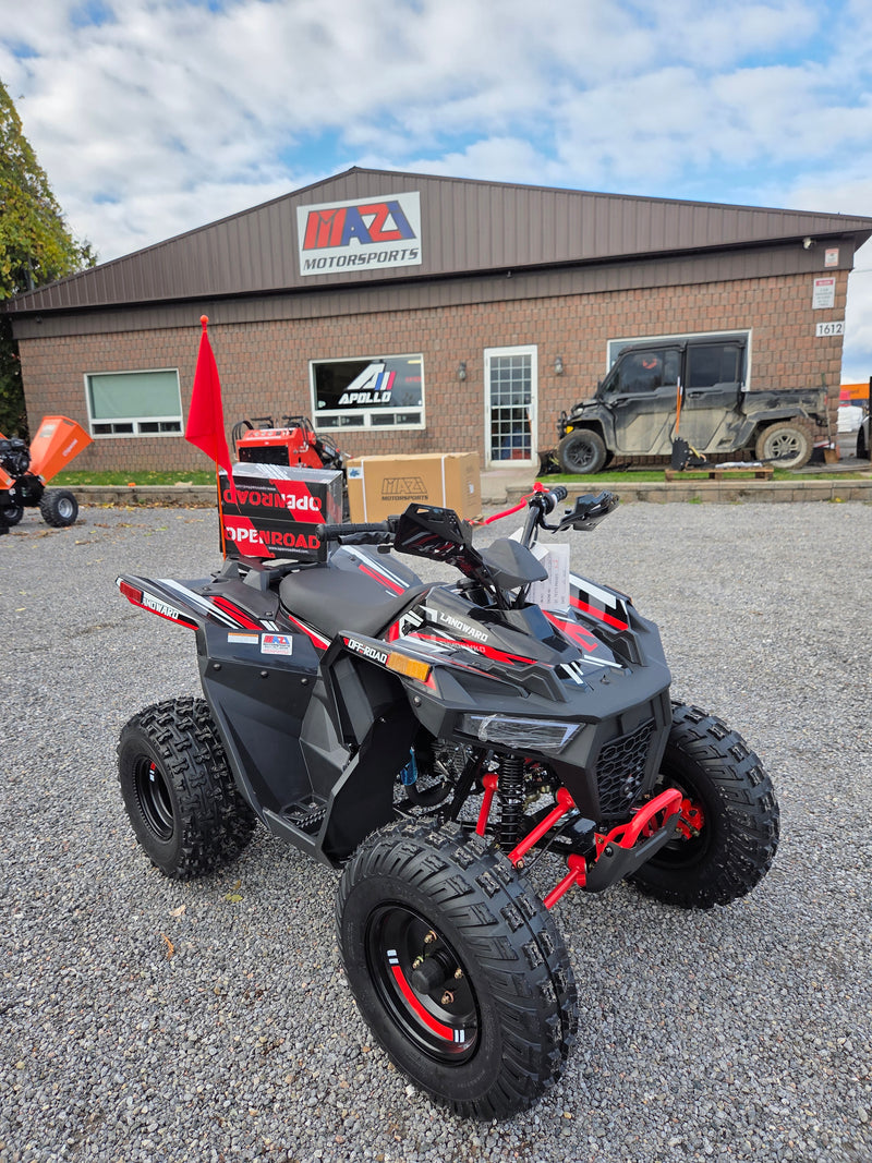 Landward 125cc kids gas ATV in black solo front angle showing disc brakes and off-road tires