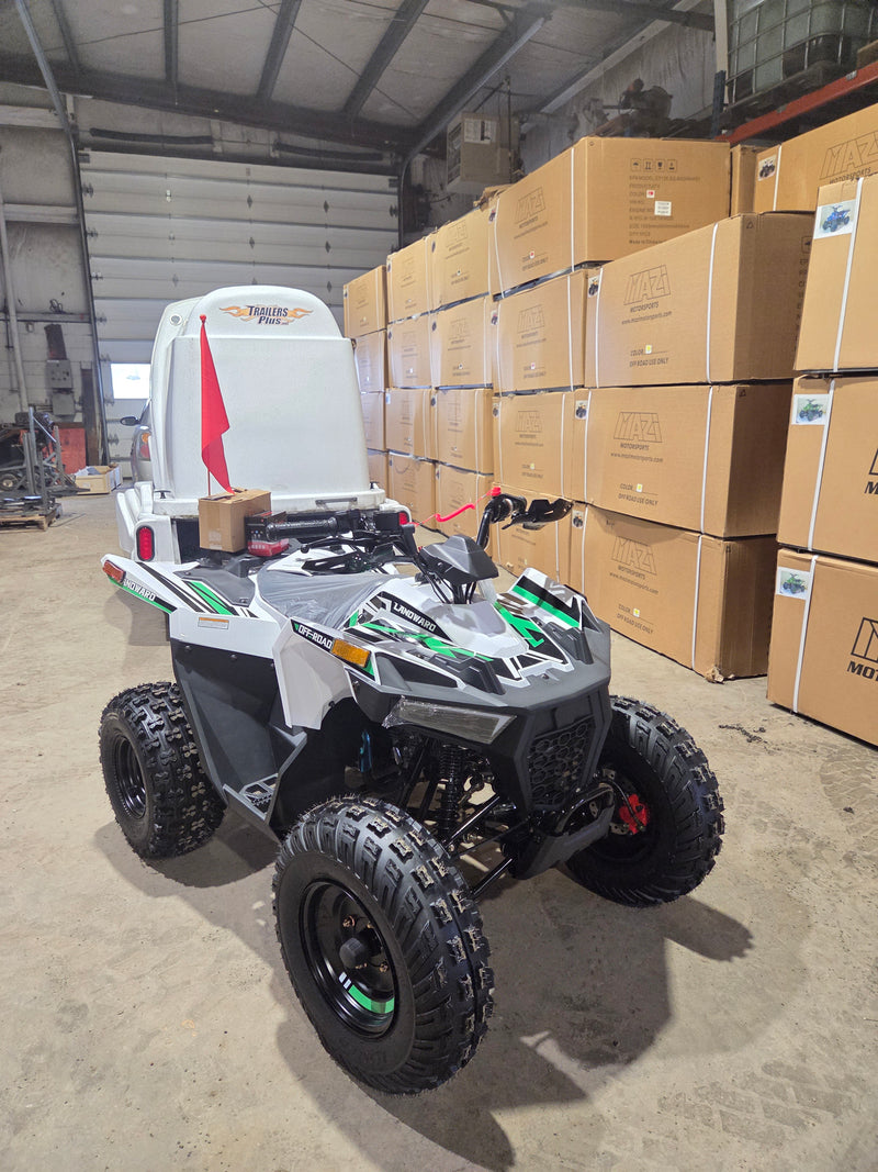 Landward 125cc kids gas ATV in white with green graphics front angle view