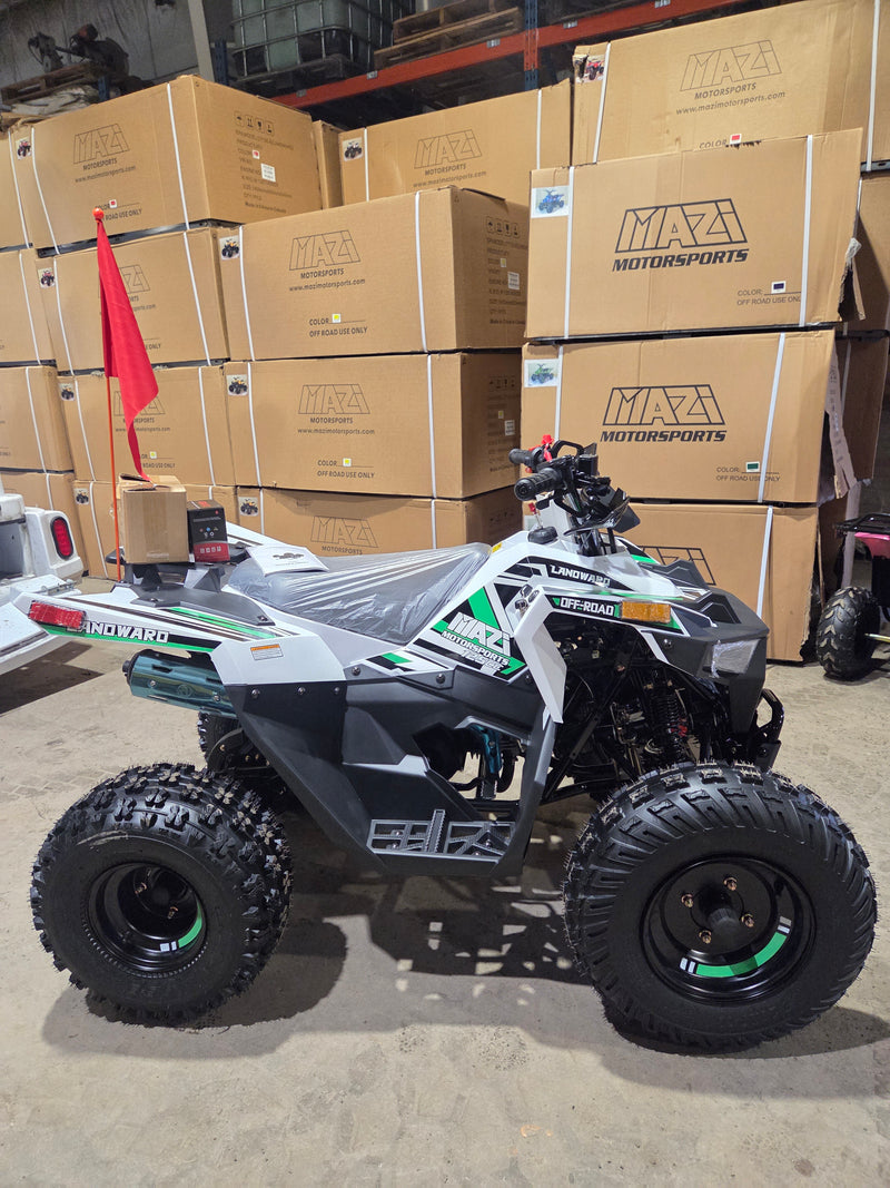 Landward 125cc kids gas ATV in white side view showing Mazi Motors branding and off-road tires