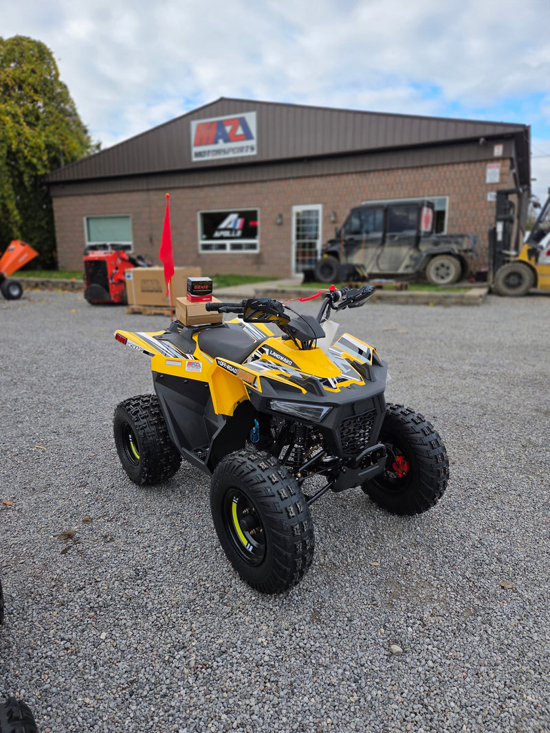 Landward 125cc kids gas ATV in yellow and black front view at Mazi Motors