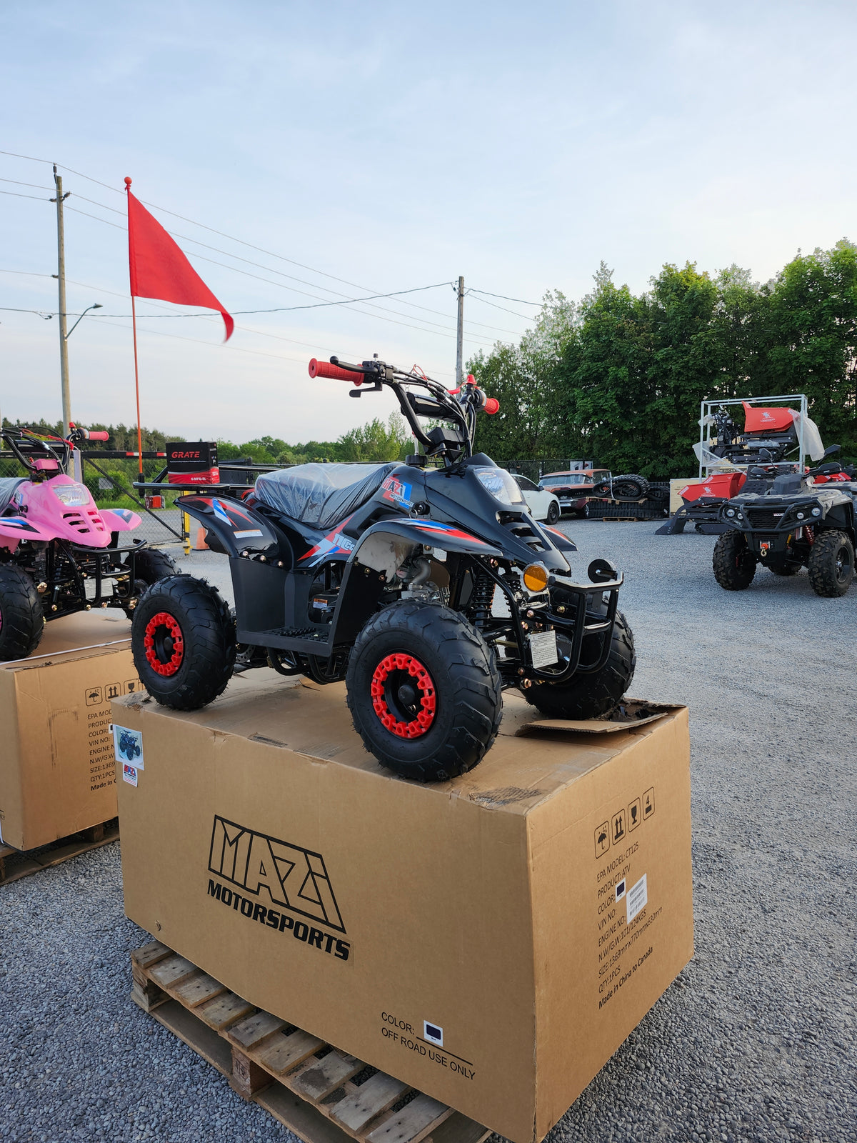 110cc Landward Trail Master kids gas ATV in black with red accent wheels front angle