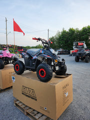 110cc Landward Trail Master kids gas ATV in black with red accent wheels front angle