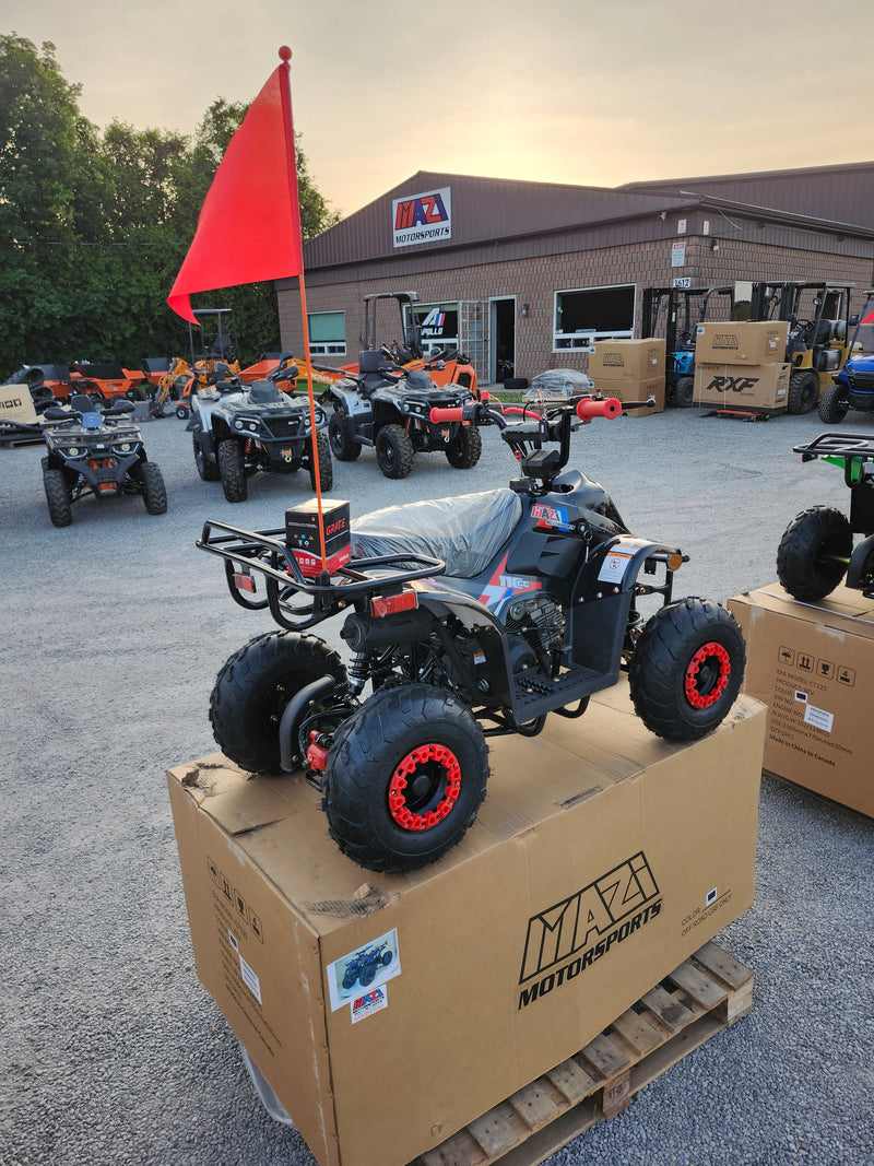 110cc Landward Trail Master kids gas ATV in black rear view at Mazi Motors Ontario