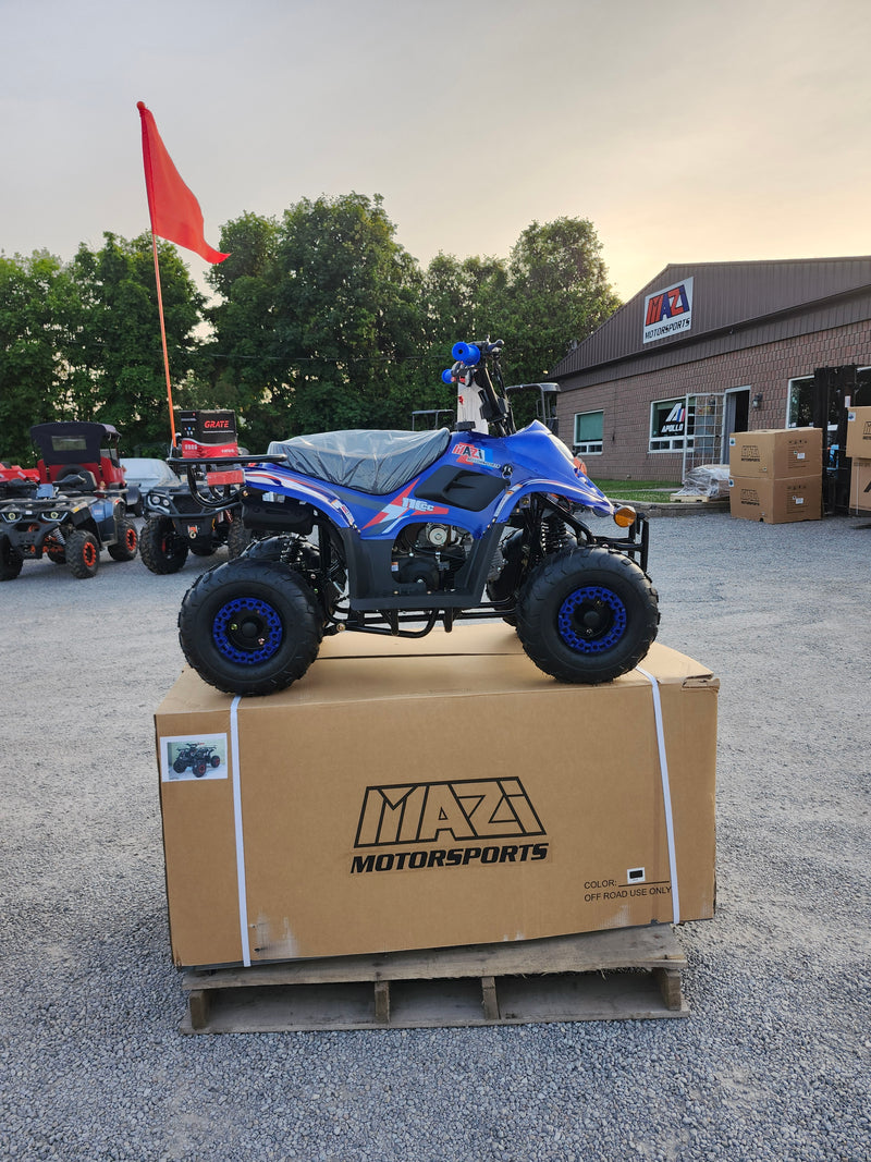 110cc Landward Trail Master kids gas ATV in blue side view at Mazi Motors