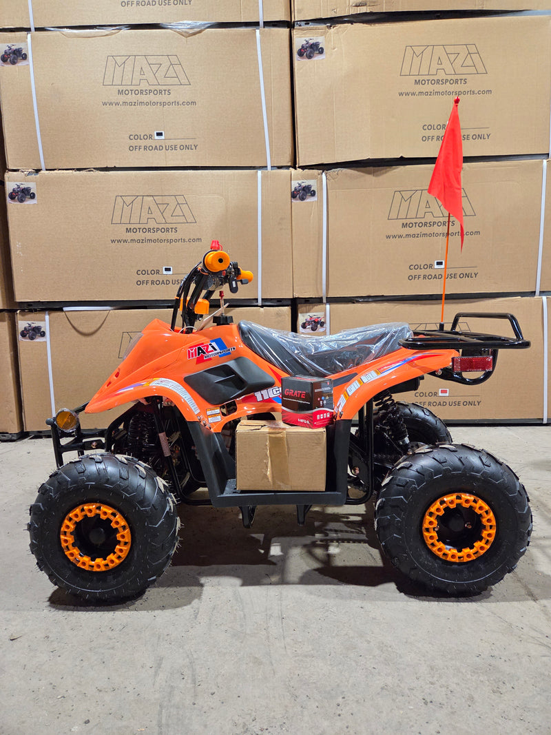 110cc Landward Trail Master kids gas ATV in orange side view at Mazi Motors warehouse