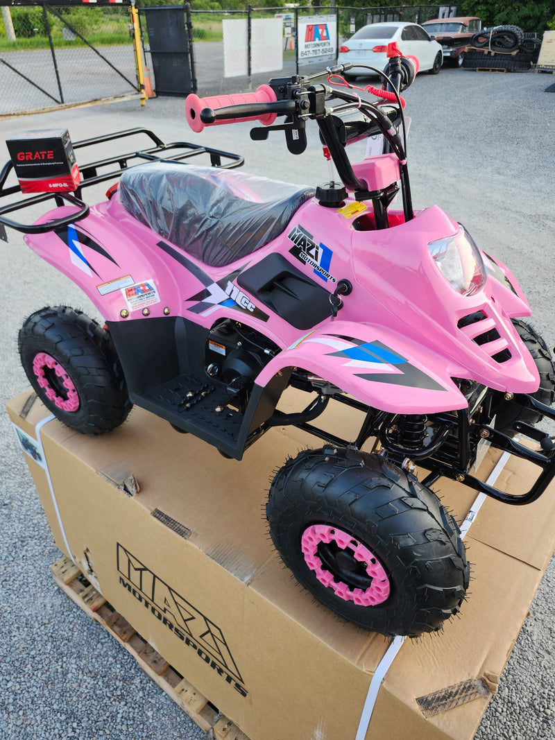 110cc Landward Trail Master kids gas ATV in pink front angle view at Mazi Motors Ontario