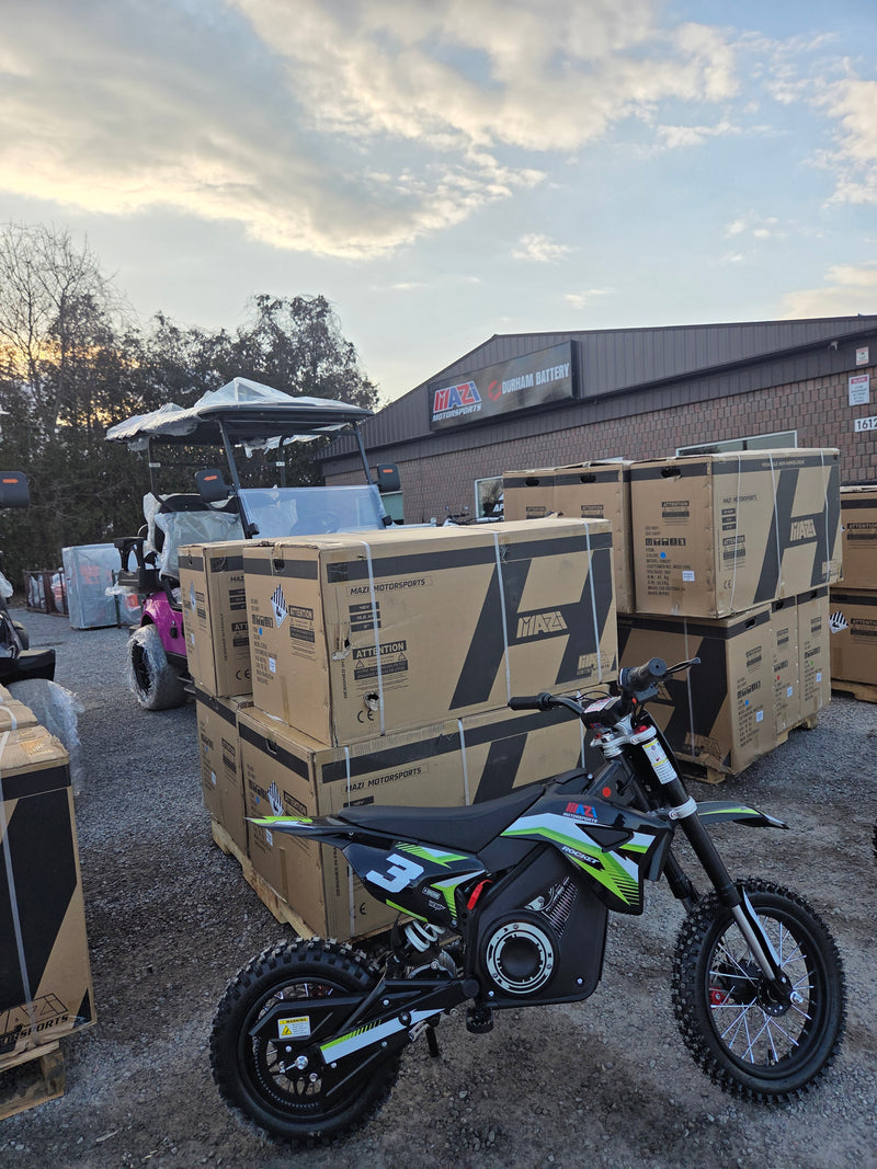 Mazi Rocket 1000W electric kids dirt bikes in stock at Mazi Motors Ontario with Mazi branded boxes
