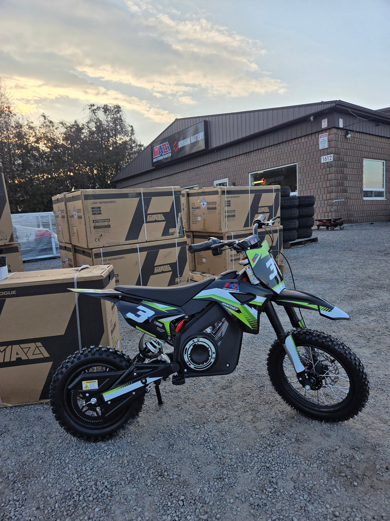 Mazi Rocket 1000W electric kids dirt bike green side view at Mazi Motors Ontario